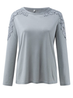Light Gray long sleeve top with lace yoke and sleeve detail