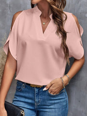 Blush pink open-shoulder blouse with mandarin collar and v-neck