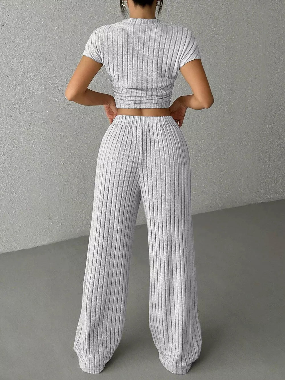 Light grey ribbed knit crop top and wide leg drawstring pants set