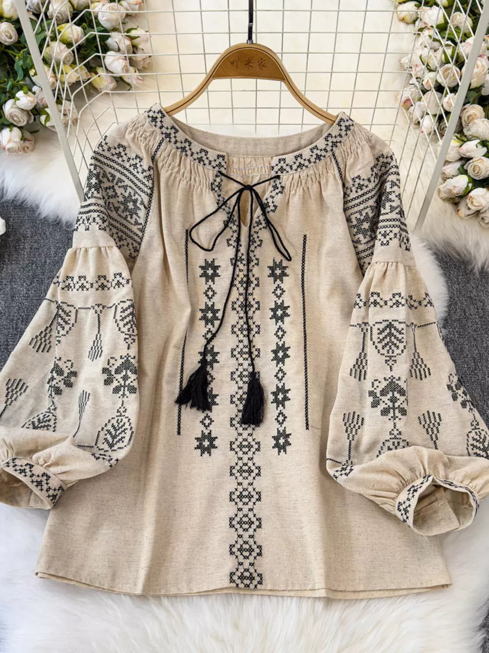 Bohemian Embroidered Blouse With Tassel Tie in White, front view