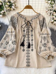 Bohemian Embroidered Blouse With Tassel Tie in White, front view