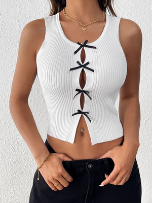 White ribbed knit tank top with black bow details and a scoop neckline.