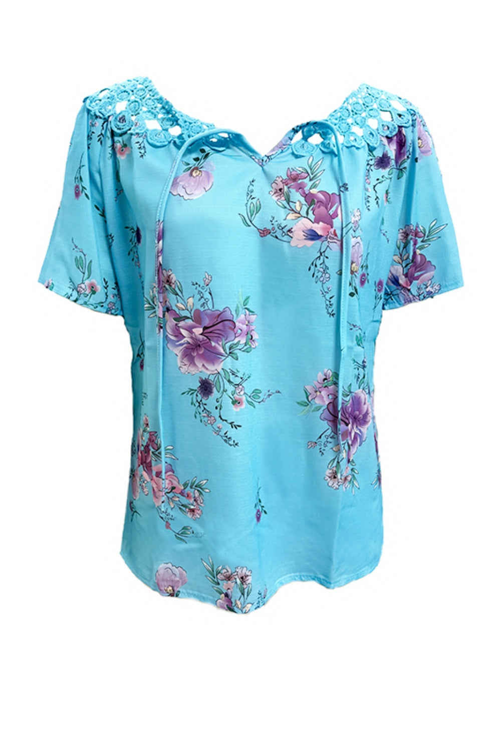 Blue floral blouse with lace yoke and tie-neck detail