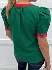 Plaid Trim V Neck Short Sleeve Blouse in Dark Green, side view