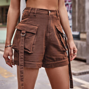 Brown cargo shorts with belt detail and utility pockets.