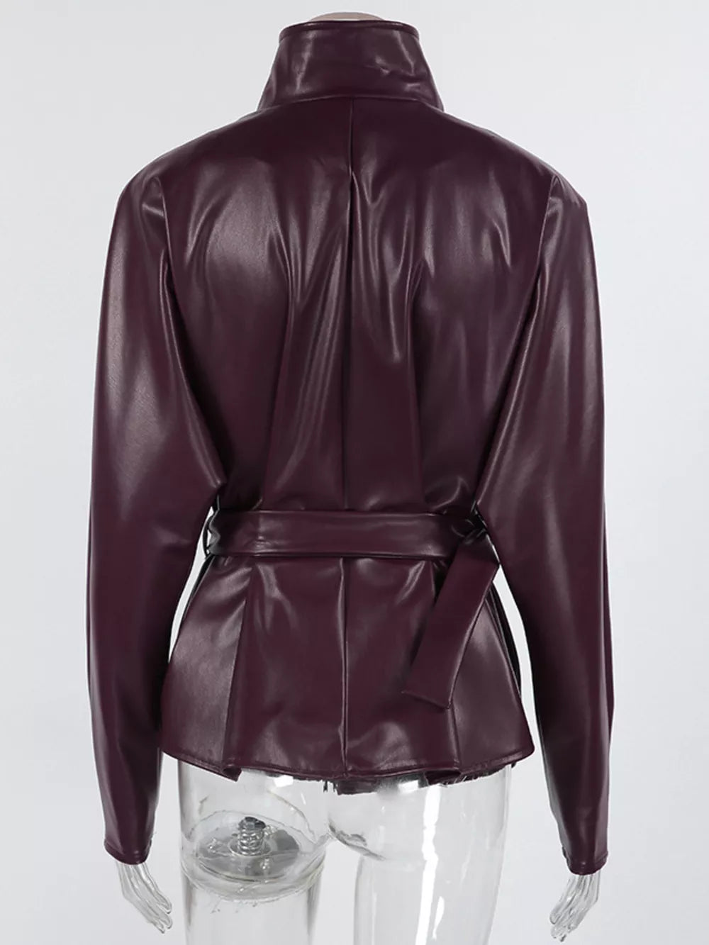 Stand Collar Belted Faux Leather Jacket in Wine Red, view 17