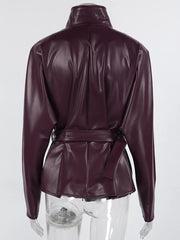 Stand Collar Belted Faux Leather Jacket in Wine Red, view 17