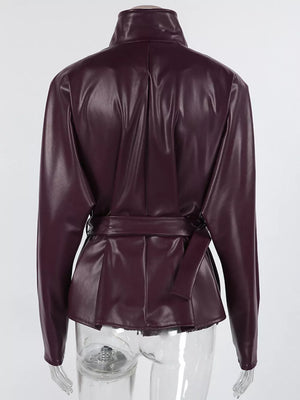 Stand Collar Belted Faux Leather Jacket in Wine Red, view 17