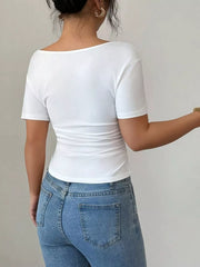 Elegant Lace Trim Asymmetrical Top in White, model styling view