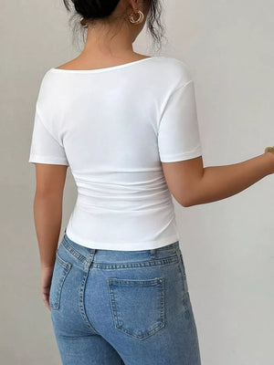 Elegant Lace Trim Asymmetrical Top in White, model styling view