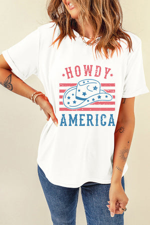 White graphic tee with Howdy America cowboy hat and flag design