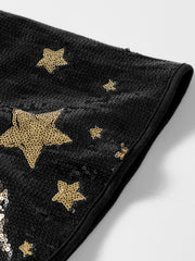 Black knit top with gold sequin stars on the sleeves.