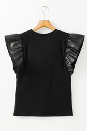 Black ribbed top with ruffled faux leather cap sleeves.
