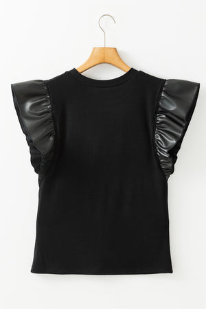 Black ribbed top with ruffled faux leather cap sleeves.