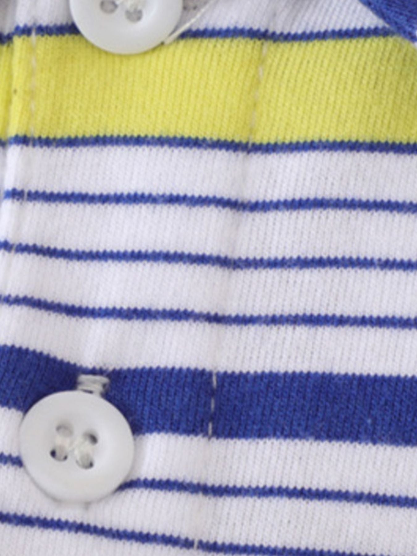 Baby polo shirt with blue and yellow stripes and white buttons, made of cotton.