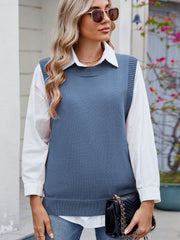 Dusty Blue ribbed knit vest with crewneck, styled over a white shirt.
