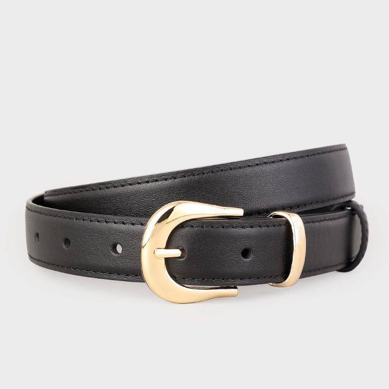 Black leather belt with polished gold buckle and stitching detail.