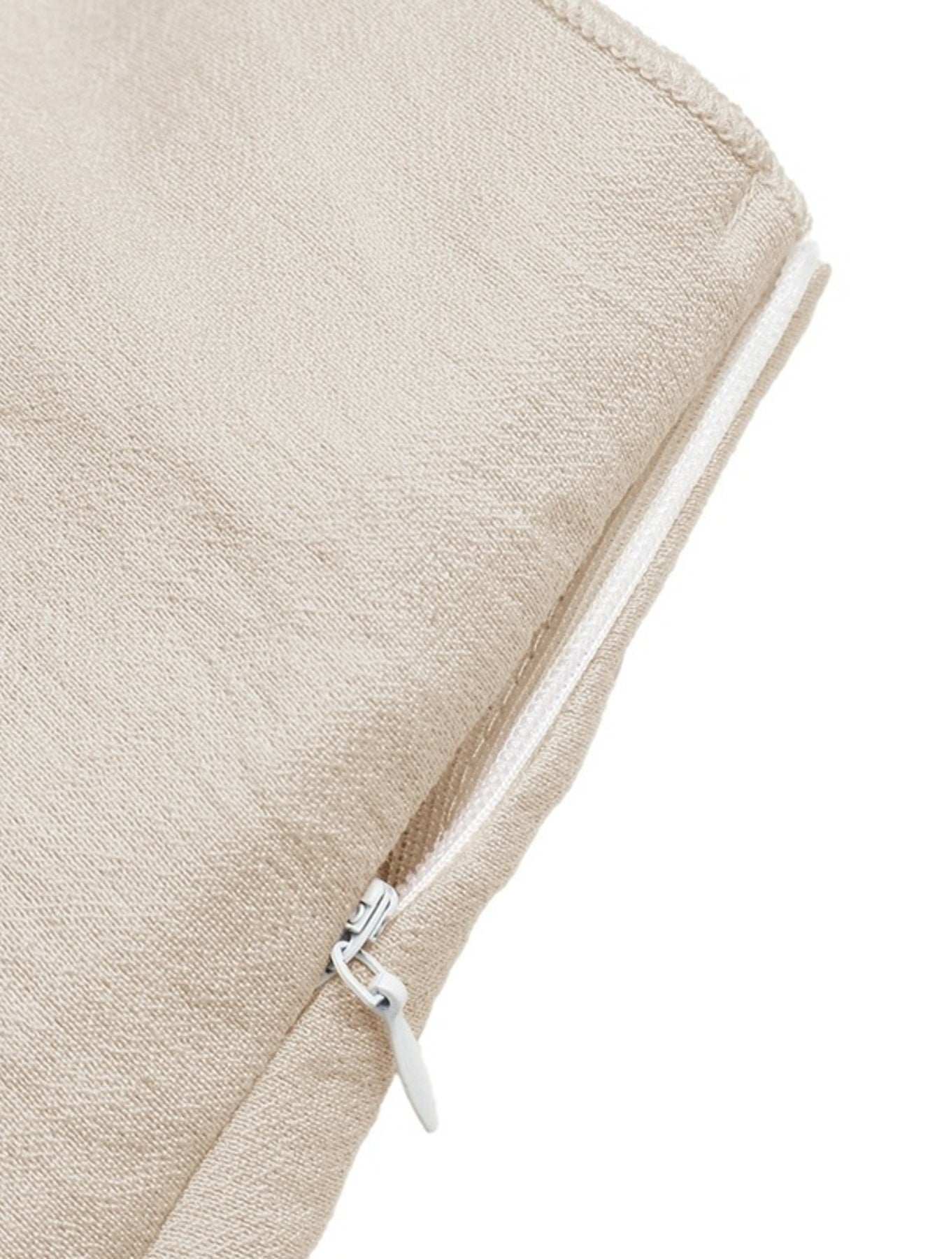 Beige linen mini skirt with asymmetrical hem and side zipper detail