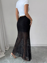 Black lace maxi skirt with a sheer, flared hem and lace trim detail.