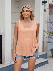 Peach eyelet knit tank top with double straps and scoop neck.