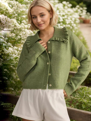 Matcha green knit cardigan with frilled collar and buttons, long sleeves.