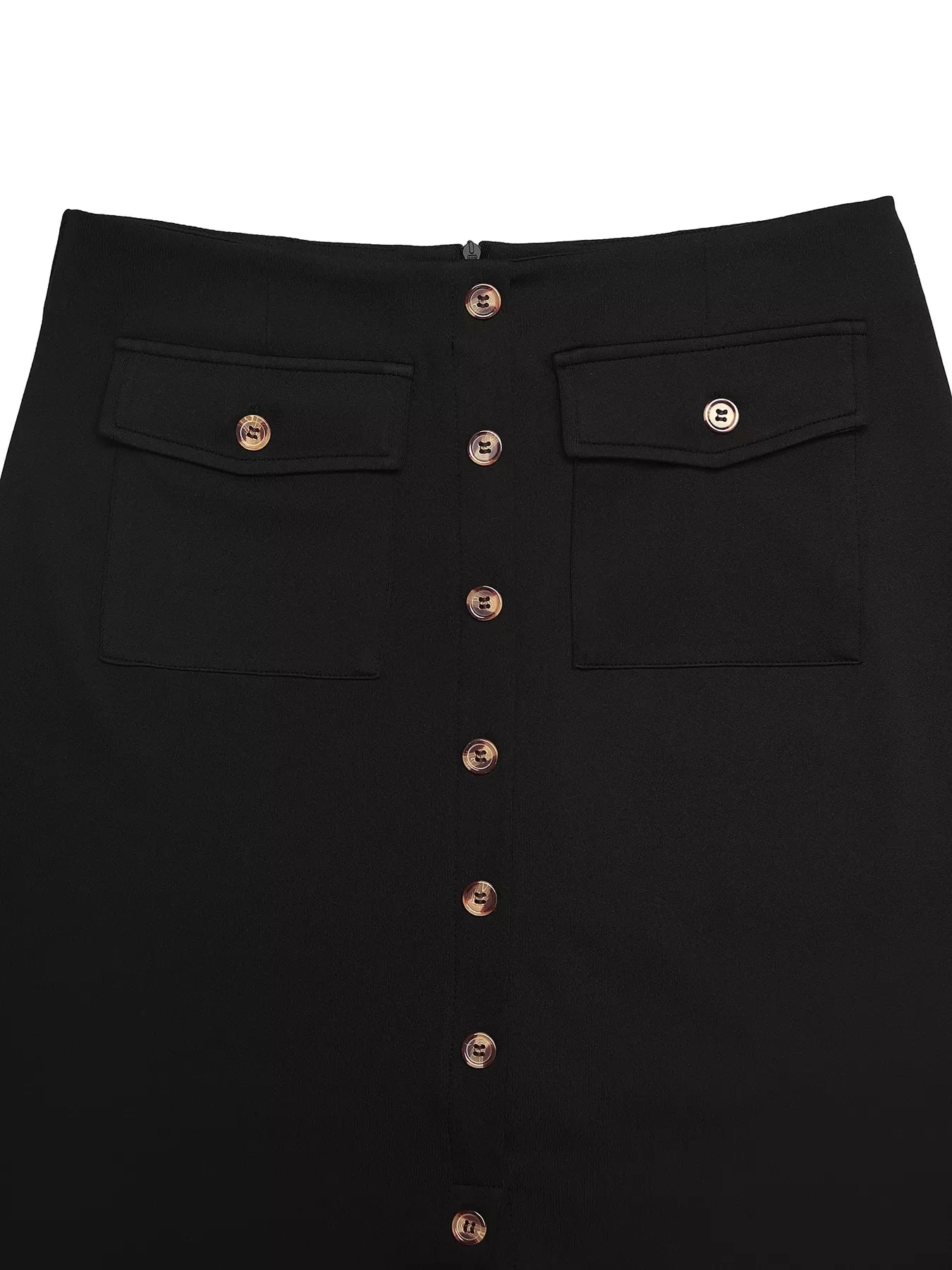 Black midi skirt with button front and dual chest pockets.