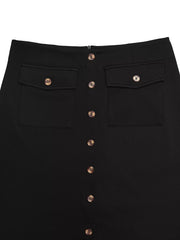 Black midi skirt with button front and dual chest pockets.