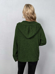 Button-front hooded knit cardigan in Matcha Green with long sleeves and ribbed cuffs.