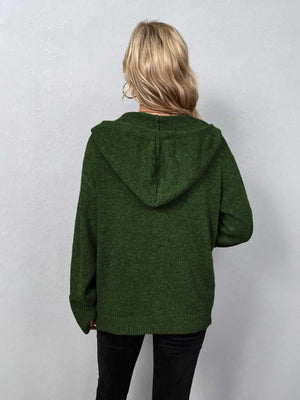 Button-front hooded knit cardigan in Matcha Green with long sleeves and ribbed cuffs.