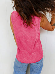 Textured cotton V-neck tank top in pink with a mineral wash finish.