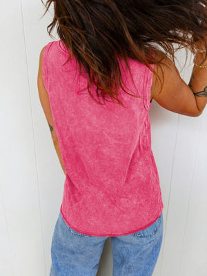 Textured cotton V-neck tank top in pink with a mineral wash finish.