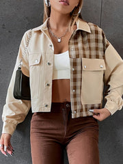 Beige panelled plaid and faux leather jacket with buttoned front and chest pockets.