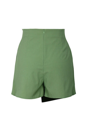 Green polyester skort with asymmetric hem and button detail