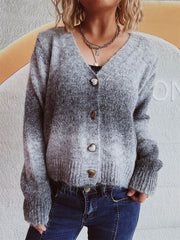 Gray ombre knit cardigan with heart buttons and V-neck.