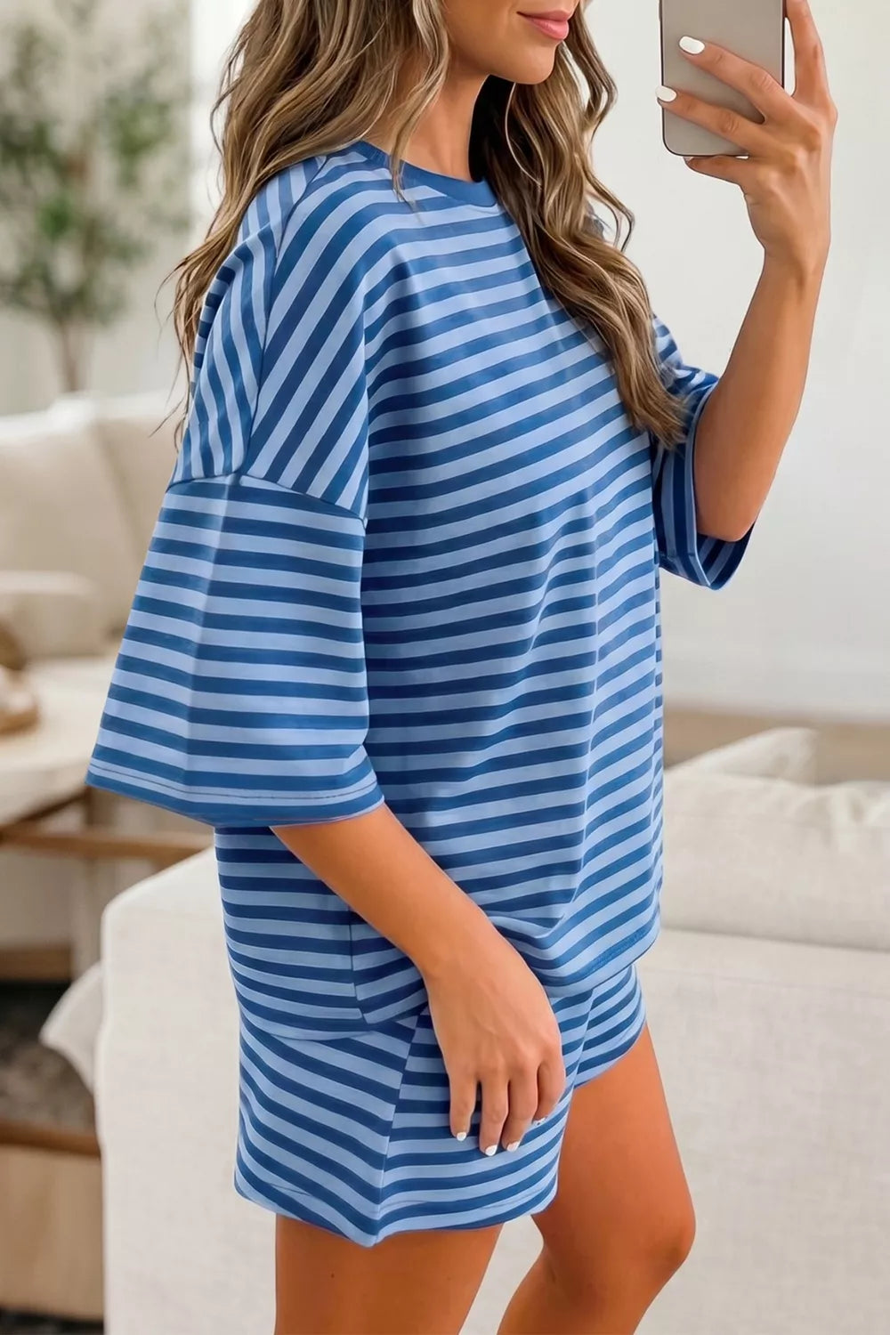 Blue striped cotton two-piece set with crew neck top and shorts.