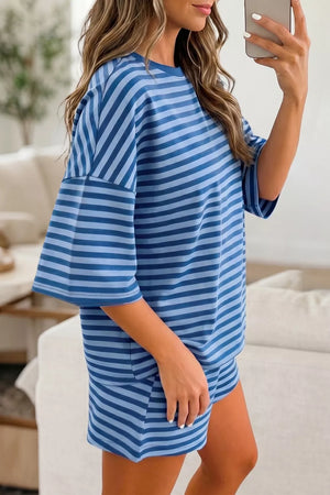 Blue striped cotton two-piece set with crew neck top and shorts.