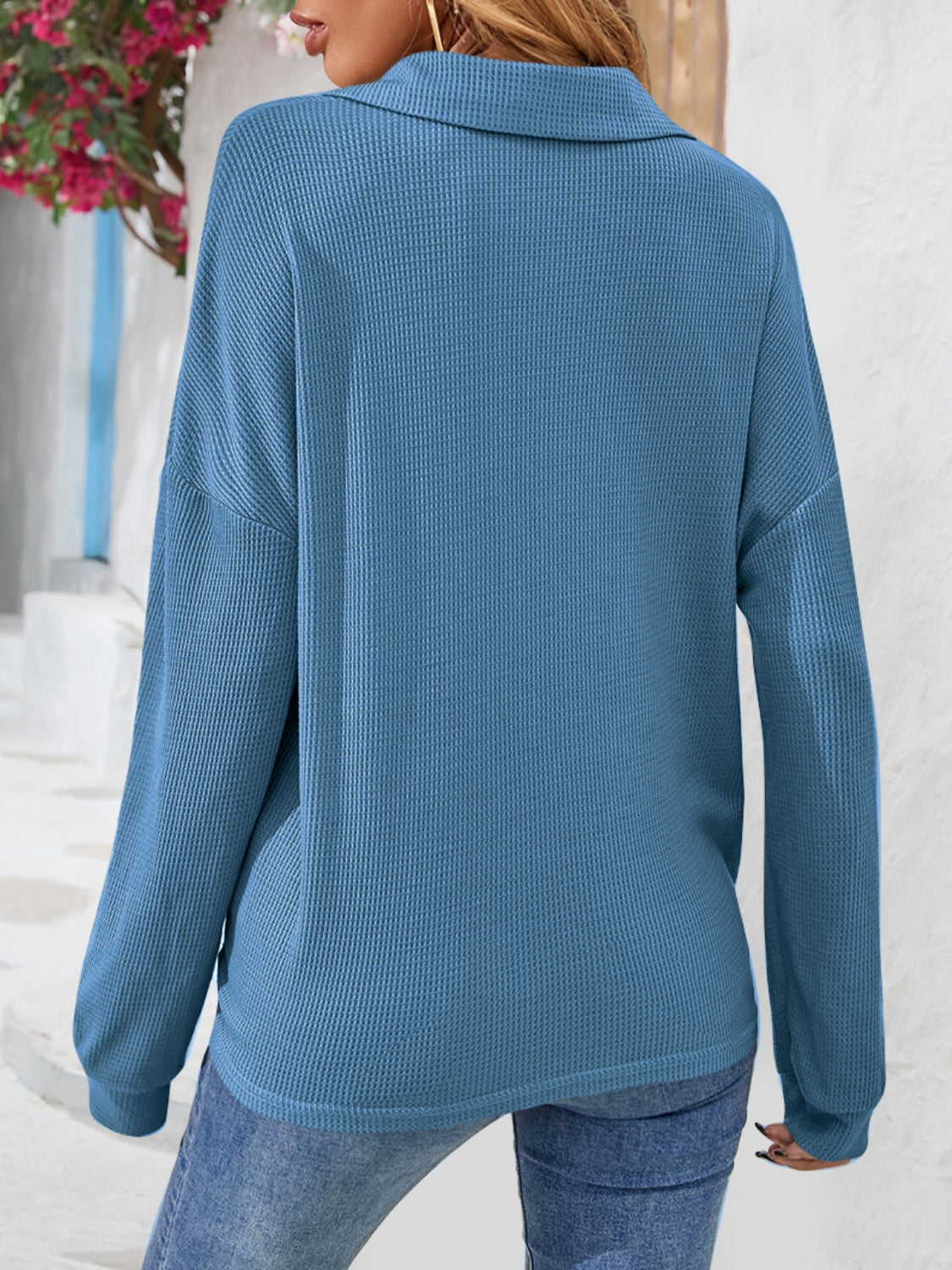 Dusty Blue waffle knit henley blouse with collar and long sleeves.
