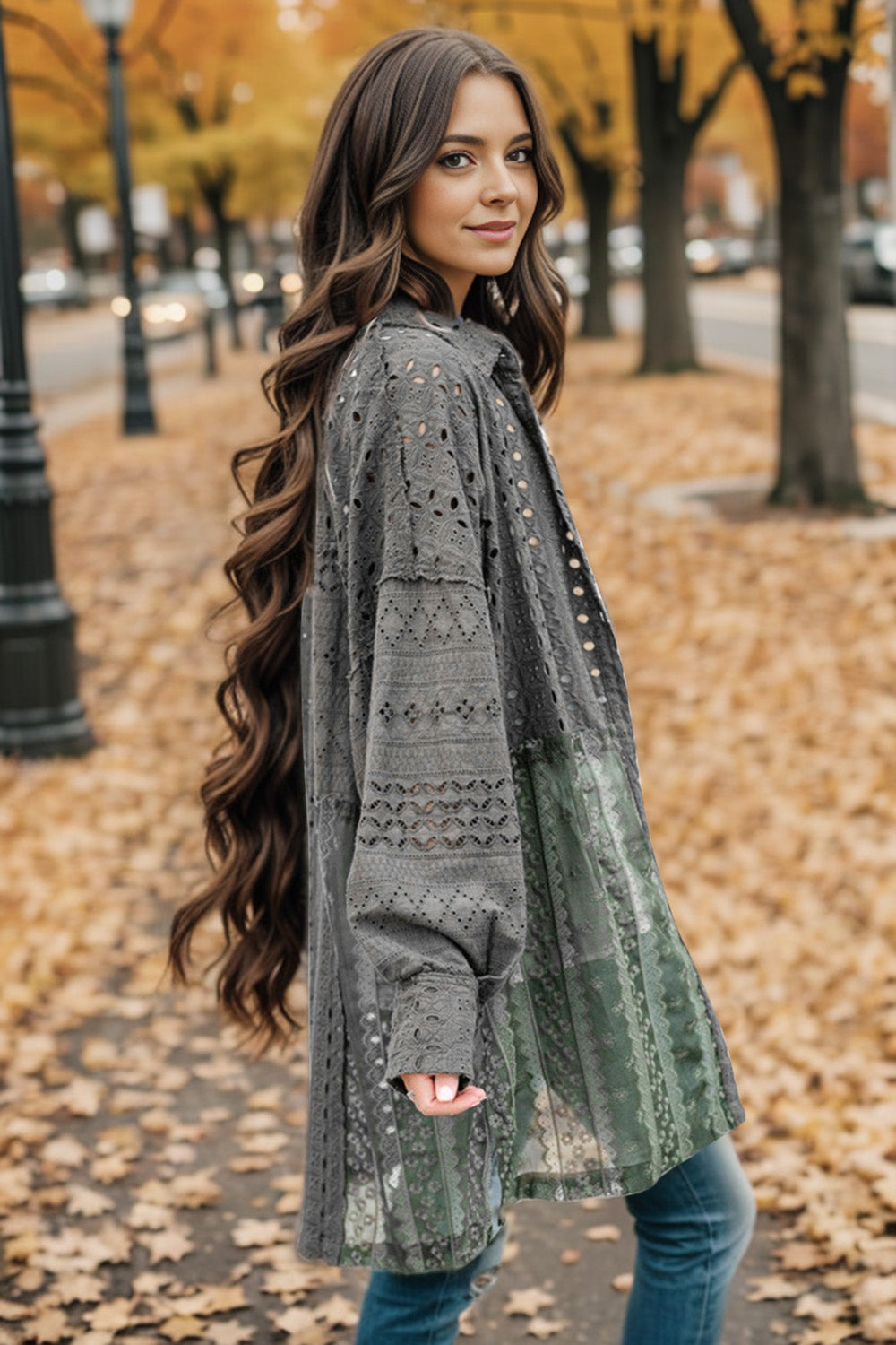 Charcoal lace panel shacket with voluminous sleeves and patchwork green lace hem.