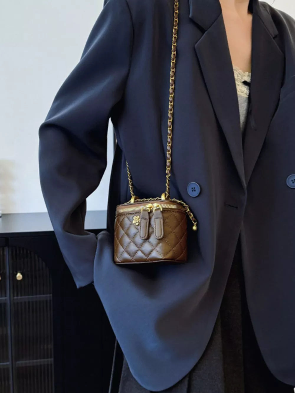Quilted Chain Strap Crossbody Bag in Black, back view