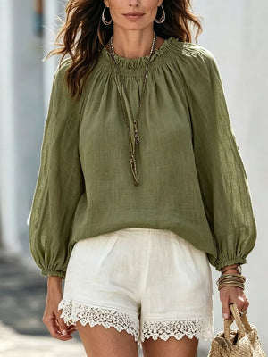 Round Neck Balloon Sleeve Blouse in Army Green, front view