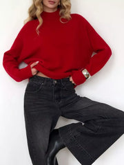 Relaxed mock neck knit sweater in scarlet, acrylic blend, with long sleeves.