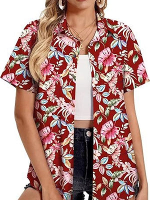 Red tropical hibiscus print button-up shirt with short sleeves and a collar.