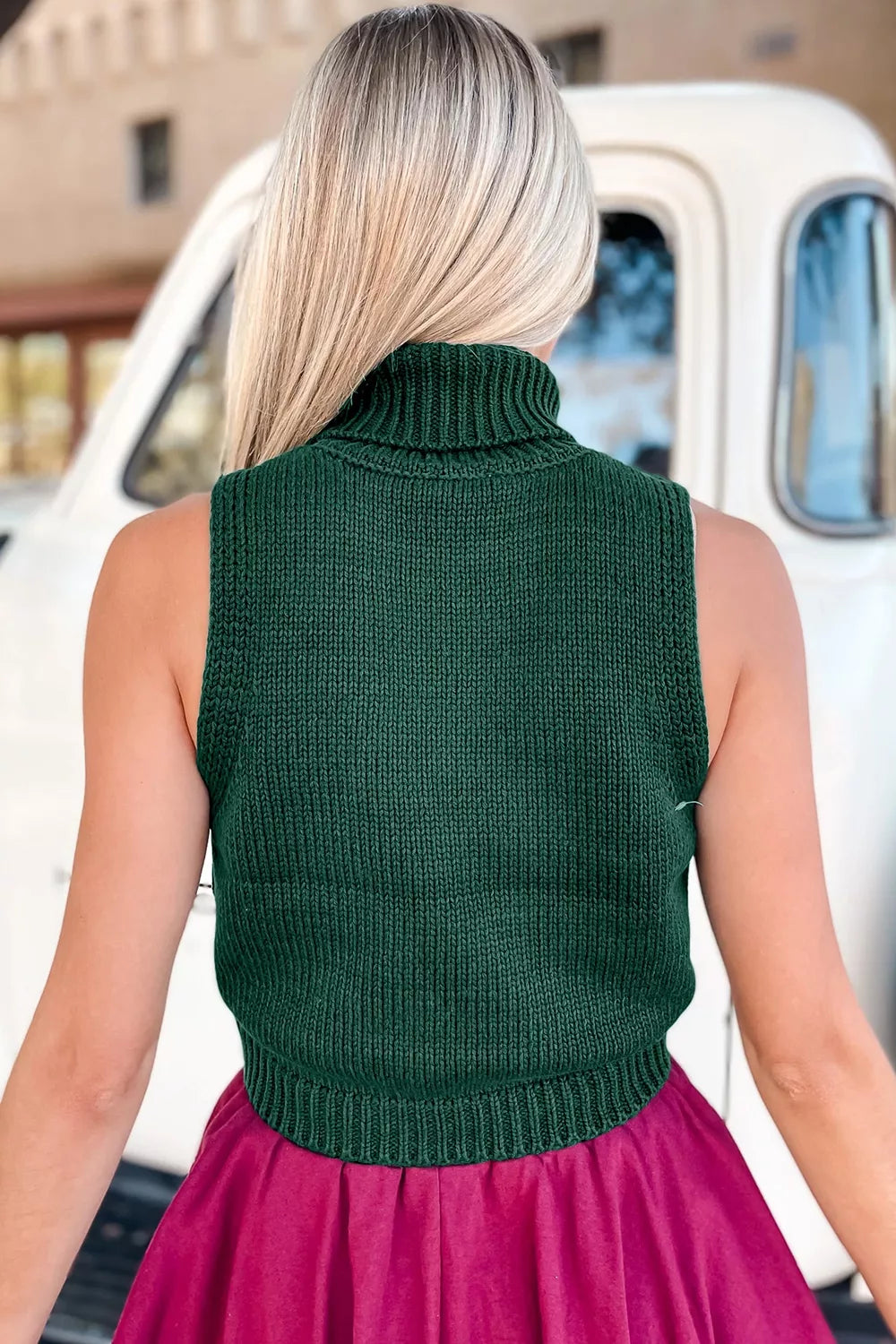 Festive Candy Cane Embroidered Turtleneck Sweater Vest in Dark Green, back view