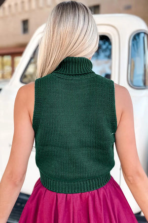 Festive Candy Cane Embroidered Turtleneck Sweater Vest in Dark Green, back view