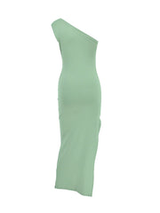 One-shoulder ruched bodycon dress in green with a fitted silhouette and midi length.