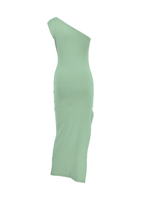 One-shoulder ruched bodycon dress in green with a fitted silhouette and midi length.