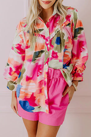 Pink abstract painterly ruffle front blouse with balloon sleeves