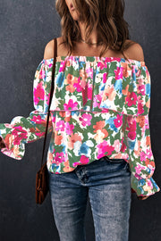 Floral ruffle off-shoulder poet blouse with long bell sleeves and a tiered bodice.