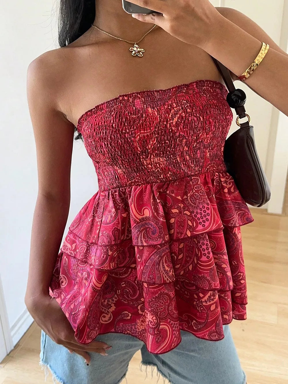 Smocked Layered Paisley Print Tube Top, front view