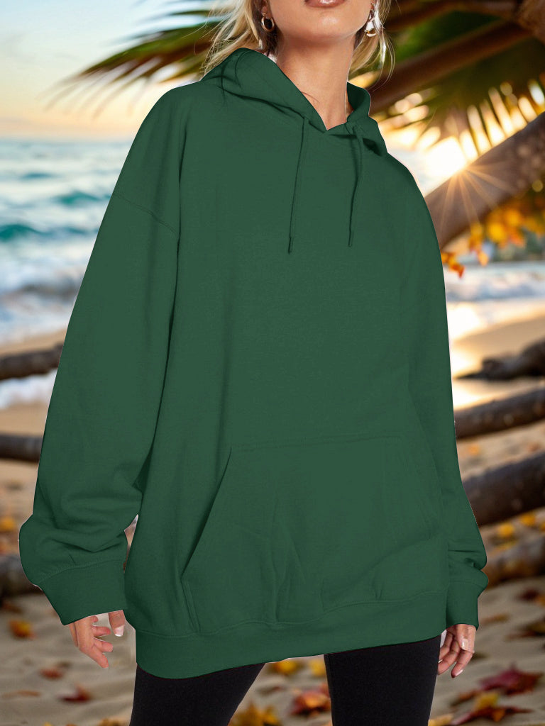 Dark Green oversized hoodie with pouch pocket and drawstring hood.